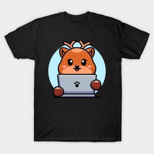 Cute deer with laptop cartoon design T-Shirt